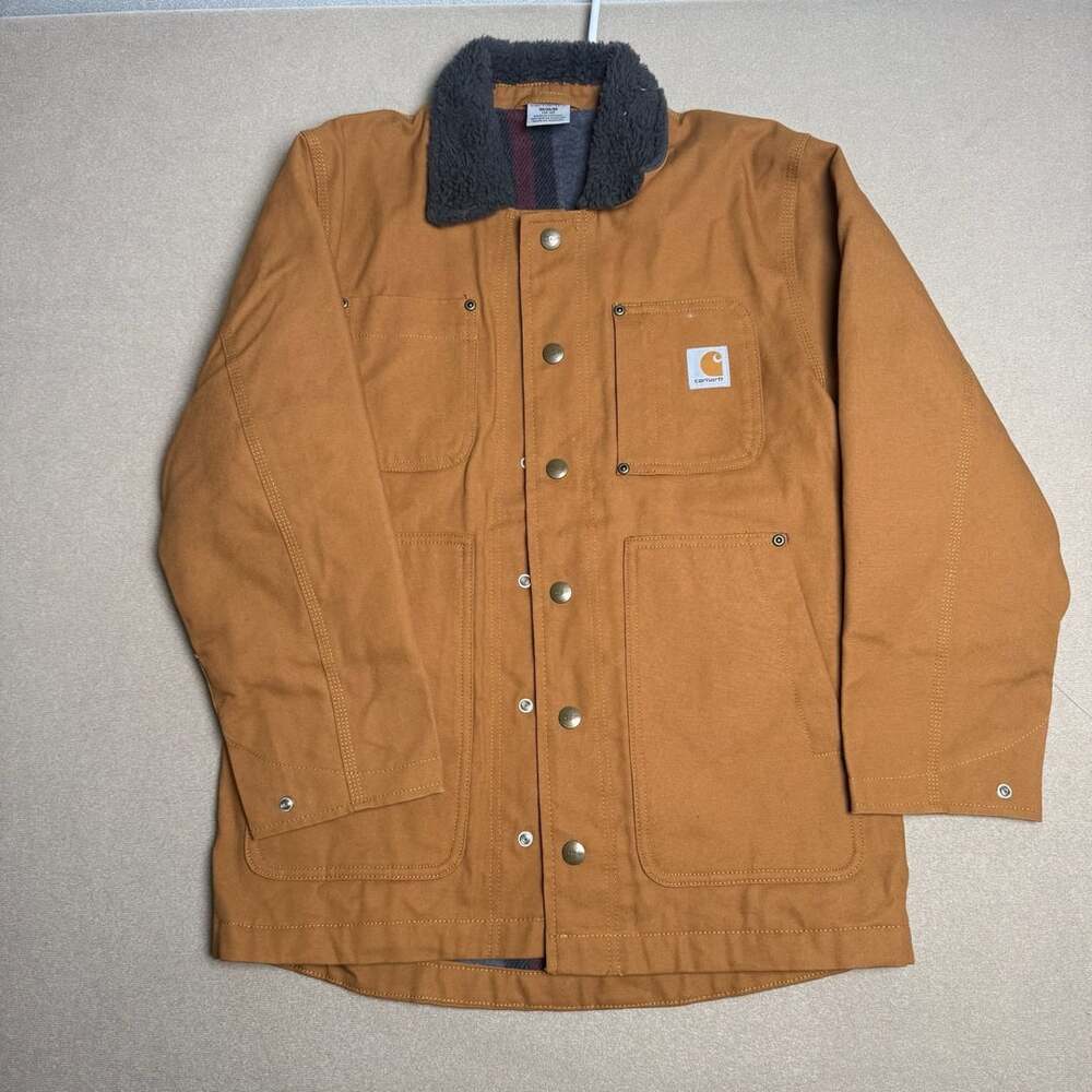 Carhartt Brown Duck Chore Coat Sherpa Fleece Lined Boys Size Medium 10-12